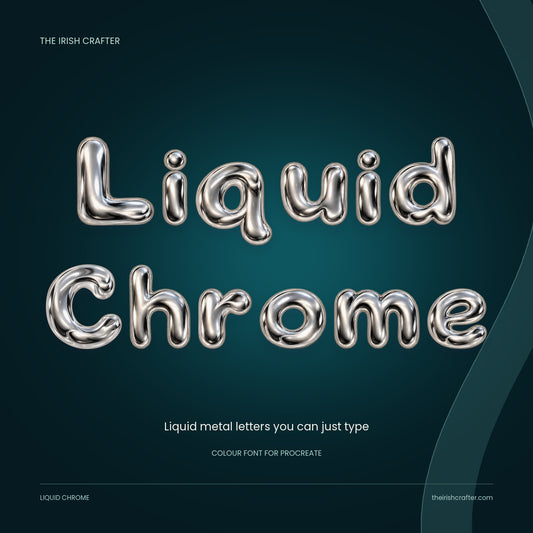 Liquid Chrome cover: the words Liquid Chrome in shiny silver bubble letters on dark teal, colour font for Procreate