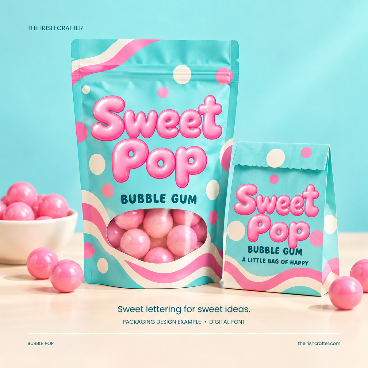 Sweet shop packaging labelled Sweet Pop in Bubble Pop, with pink gumballs