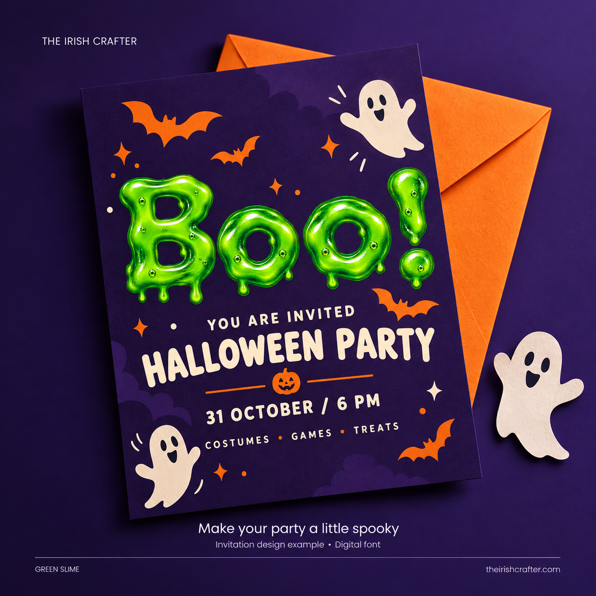 Halloween party invitation with Boo! typed in Green Slime, ghosts and bats around it