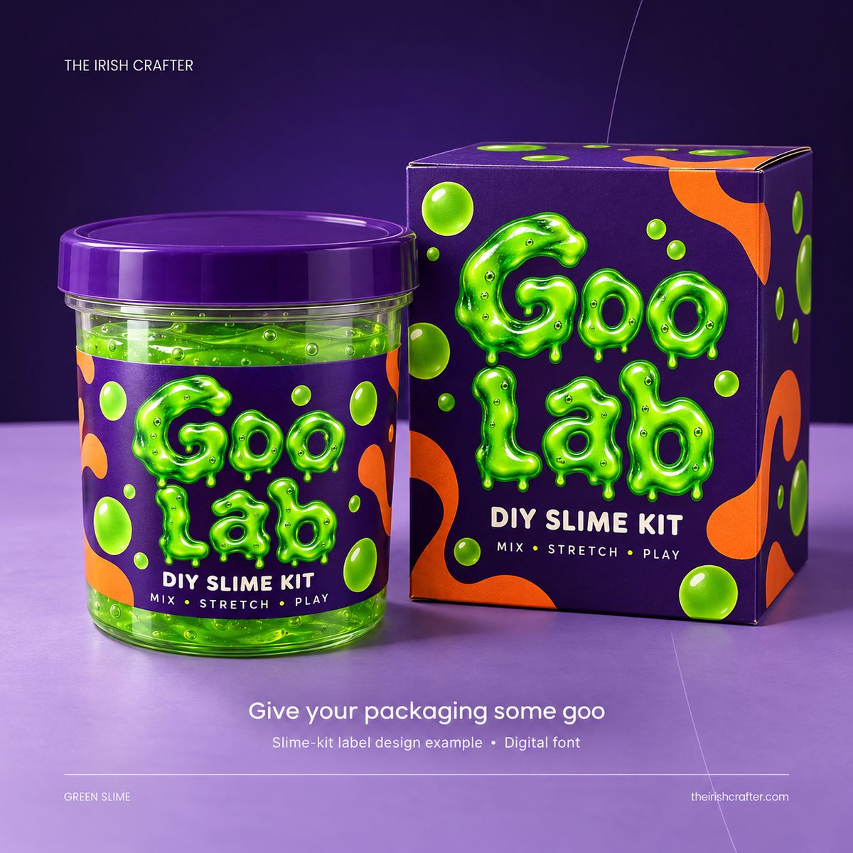 DIY slime kit jar and box labelled Goo Lab in Green Slime