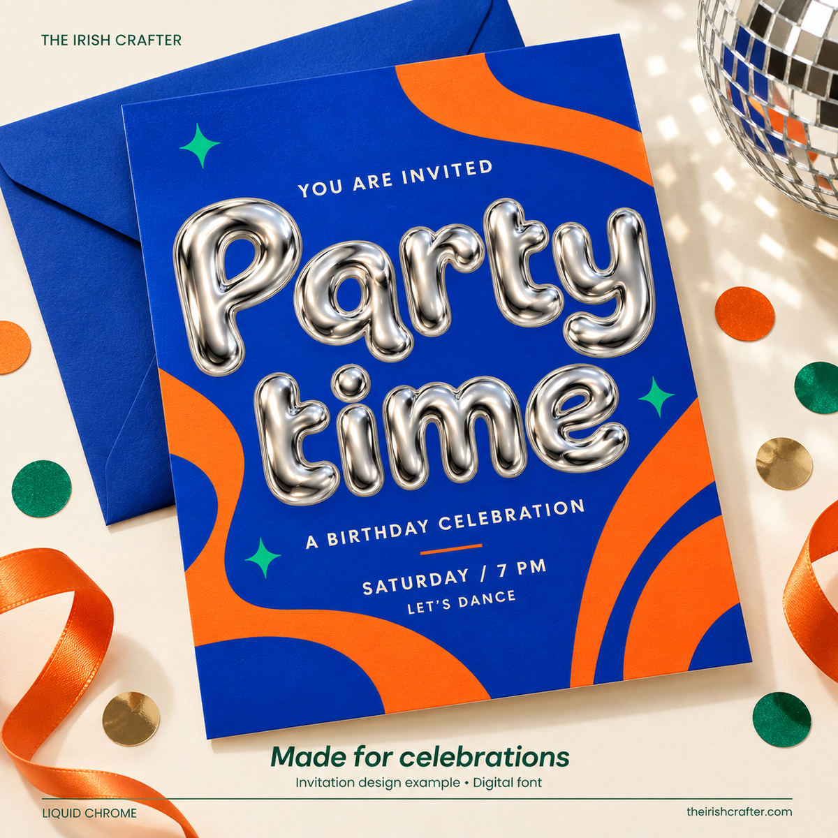 Blue and orange birthday invitation with Party time typed in Liquid Chrome